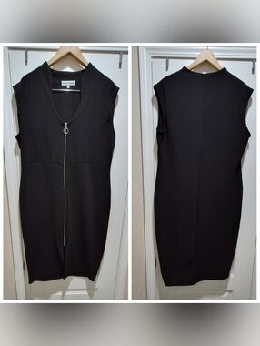 Almost Famous Black Zip Front Midi Dress Size 2X Stretchy Minimalist Chic EUC